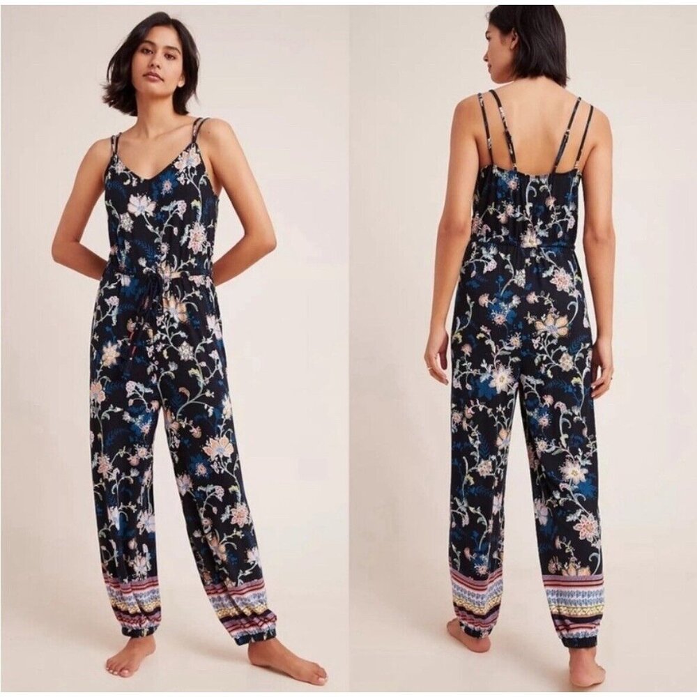 Anthropologie Luka Jumpsuit Small Black Floral Stretchy Jogger Elastic Tie Waist